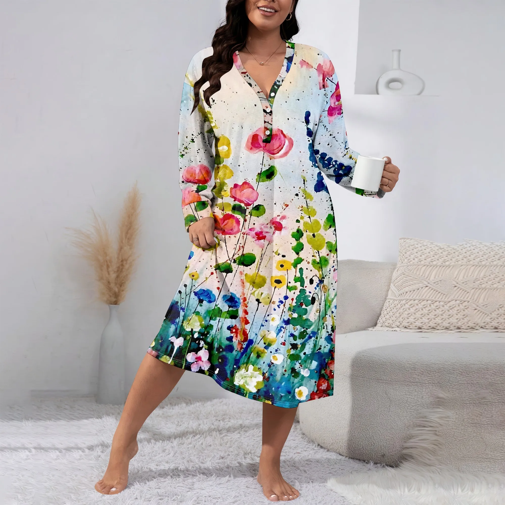 

Women's Autumn 3D Fashion Printed V-neck Casual Long sleeved Dress