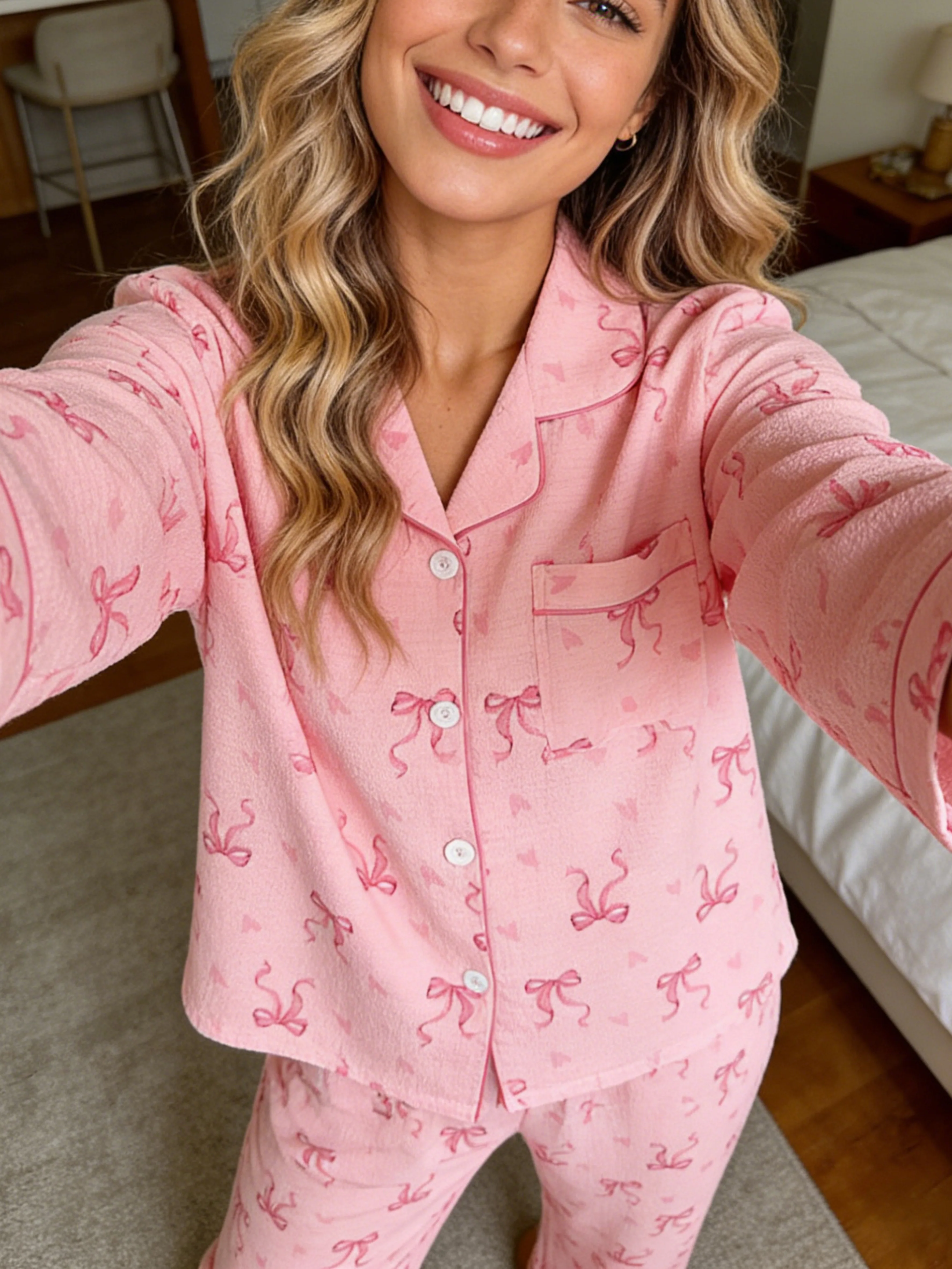 

Женская пижама с отложным воротником, длинными рукавами и брюками, комплект из 2 предметов, весна-осень-зима, милый принт с бантом и сердечками, домашняя одежда