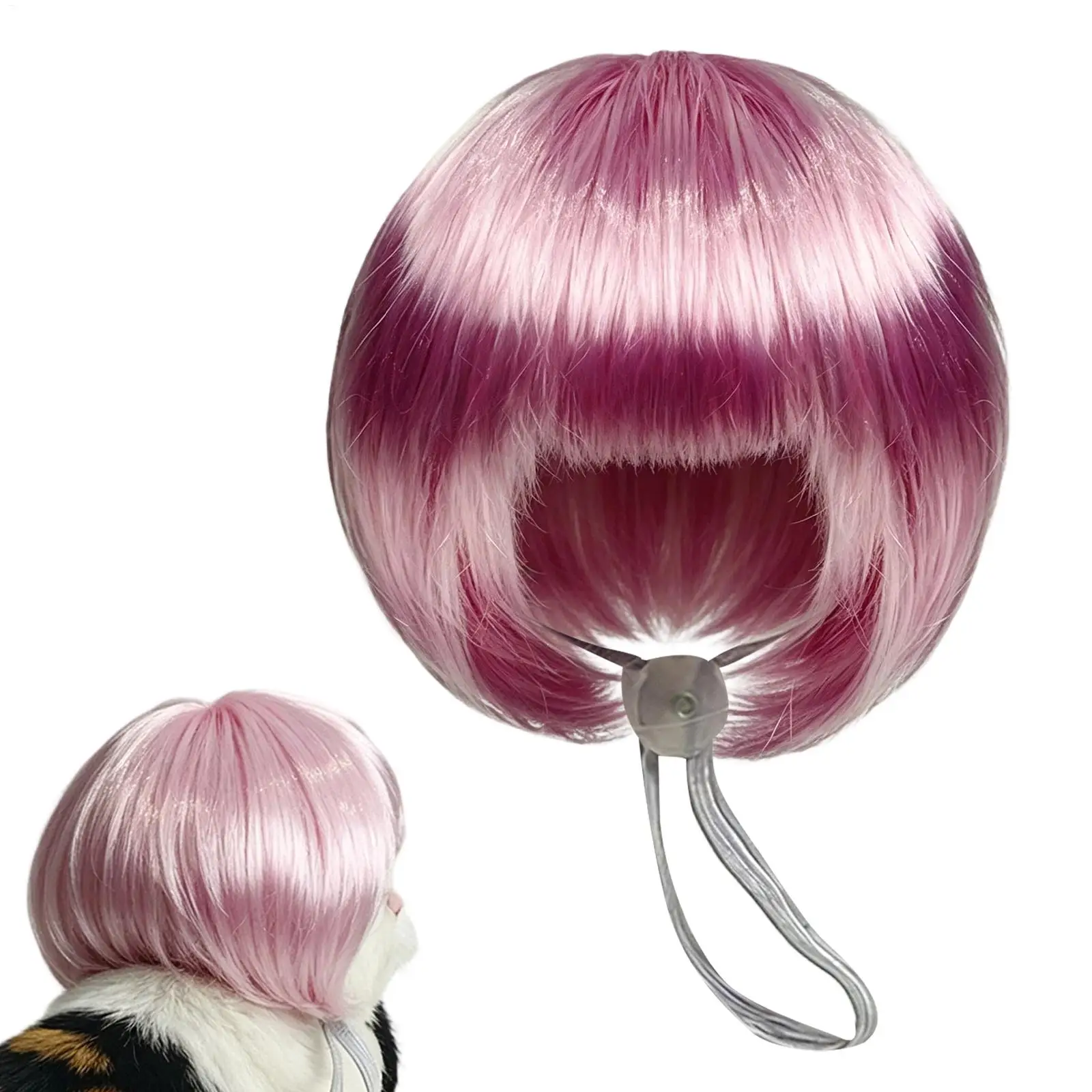Funny Pet Wig for Cats Dogs Bob Cut Pink Cosplay Costume Adjustable Elastic Strap Mesh Hair Piece Halloween Party Photo Prop