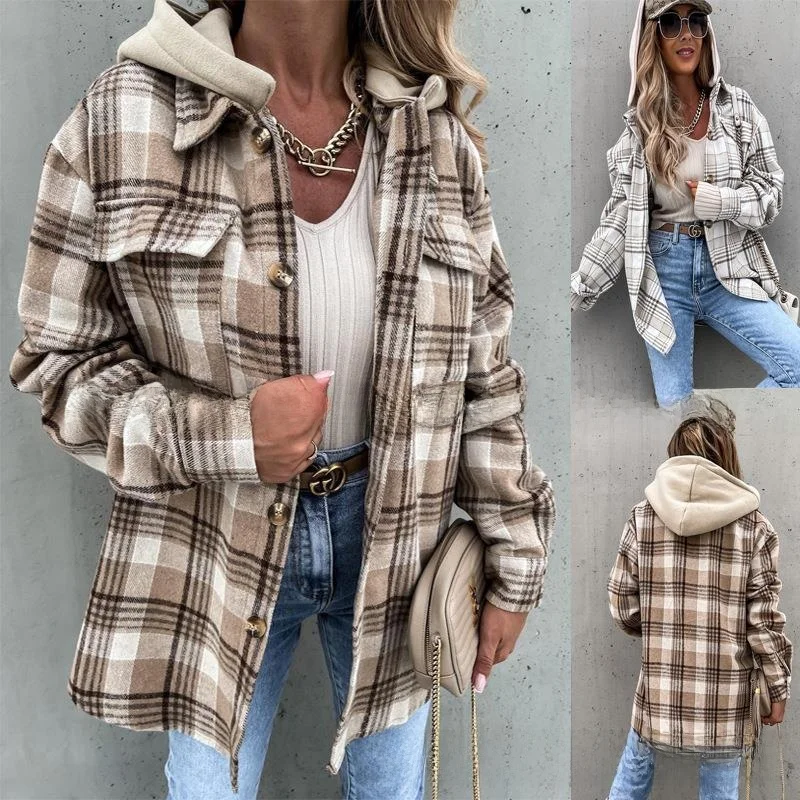 

Detachable Woolen Plaid Hooded Women's Coat for New Year's Commute Long Sve Mid-Length Polyester Fiber Ladies' Coat