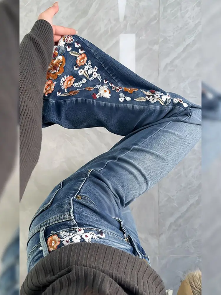 

Женские винтажные джинсы с цветочной вышивкой, расклешенные, в американском стиле ретро Y2K, облегающие, джинсовые брюки-клеш, уличная одежда, эстетика Харадзюку