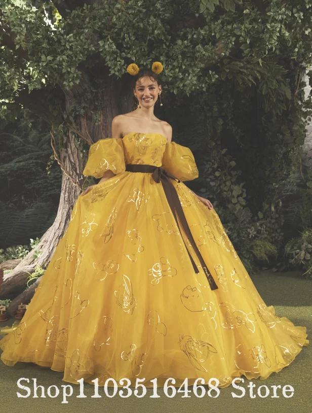 Custom Cute Yellow Princess Themed Wedding Dress Adorable Bear Print Bridal Gown Special Theme Wedding Princess Chapel Wedding