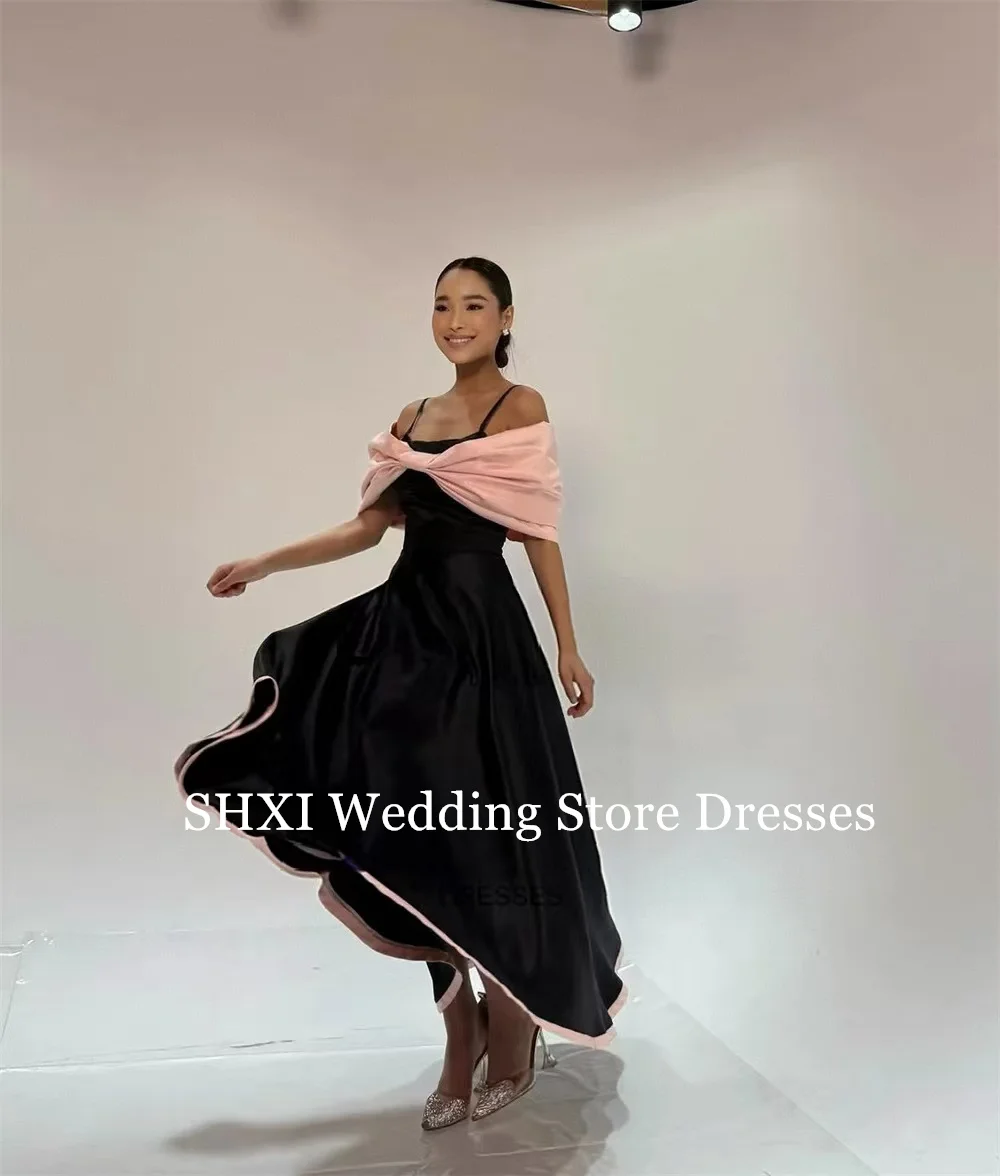 SHXI Semplice Nero Rosa Una Linea Abiti da ballo Personalizzato Senza Spalline Off Spalla Abito da Sera Del Partito Abiti da festa in Raso