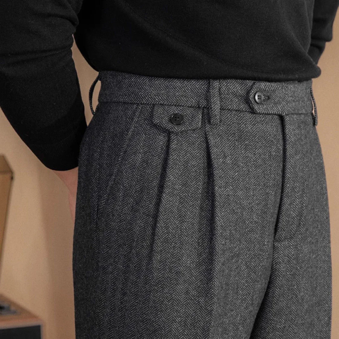 Pantalón de traje Vintage italiano para hombre, Pantalón recto con patrón de espiga de lana para otoño e invierno, pantalones informales de negocios de estilo británico