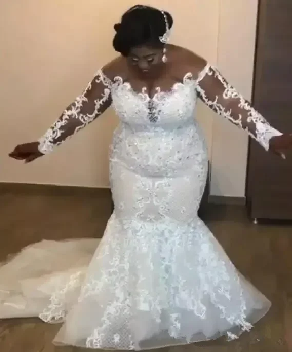 Customize Amazing African Mermaid Wedding Dresses Beaded Lace Appliques Long Sleeve Bridal Gowns Sexy Sheer Plus Size Wedding Go
