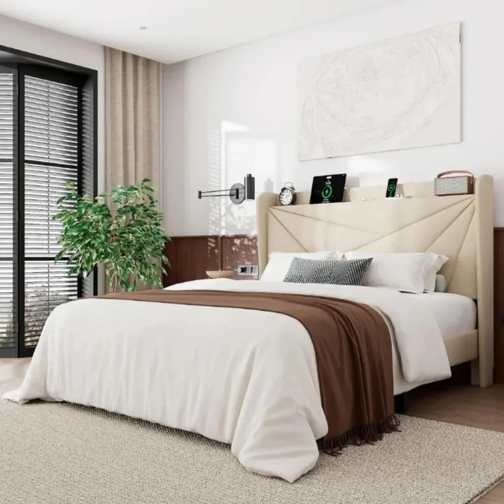 Bed Frame with Charging Station, Upholstered Bed Frame with Storage Headboard, Solid Wood Slats Support, No Box Spring Needed