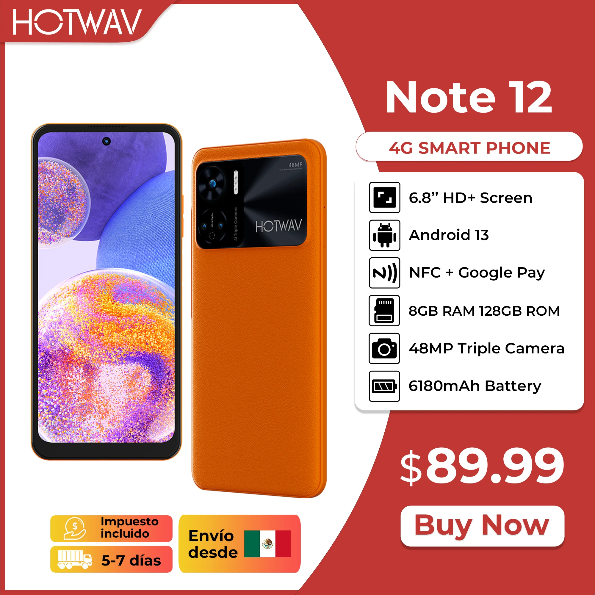 HOTWAV Note 12 6,8 '' HD+ groot display Android 13 8 GB + 128 GB Octa-Core 48 MP drievoudige camera NFC 6180 mAh batterij PD3.0 20 W opladen