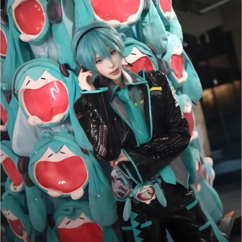 

Stage Show Outfits Miku Cosplay Costume Black Leather Uniform Coat Pants Belt Set Anime Carnival Party Dress Up Comic-Con Outfit