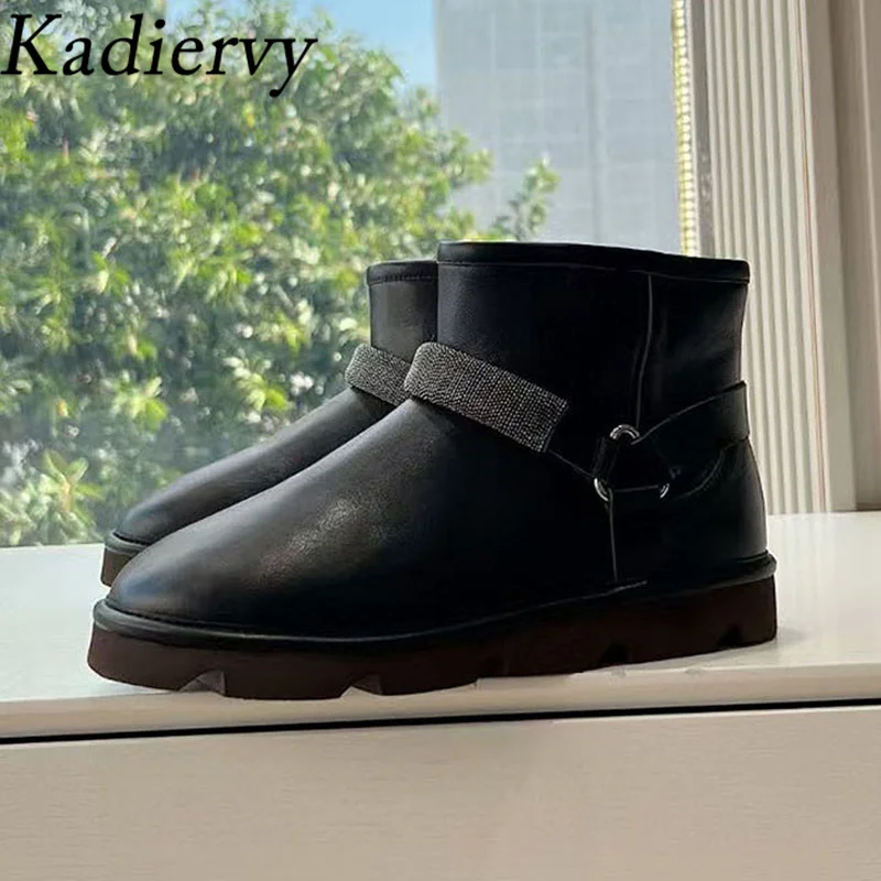 

Winter Snow Boots Woman Round Toe Slip-on Ankle Boots Cow Suede String Bead Flat Shoes Woman Wool Warm Short Boots Women