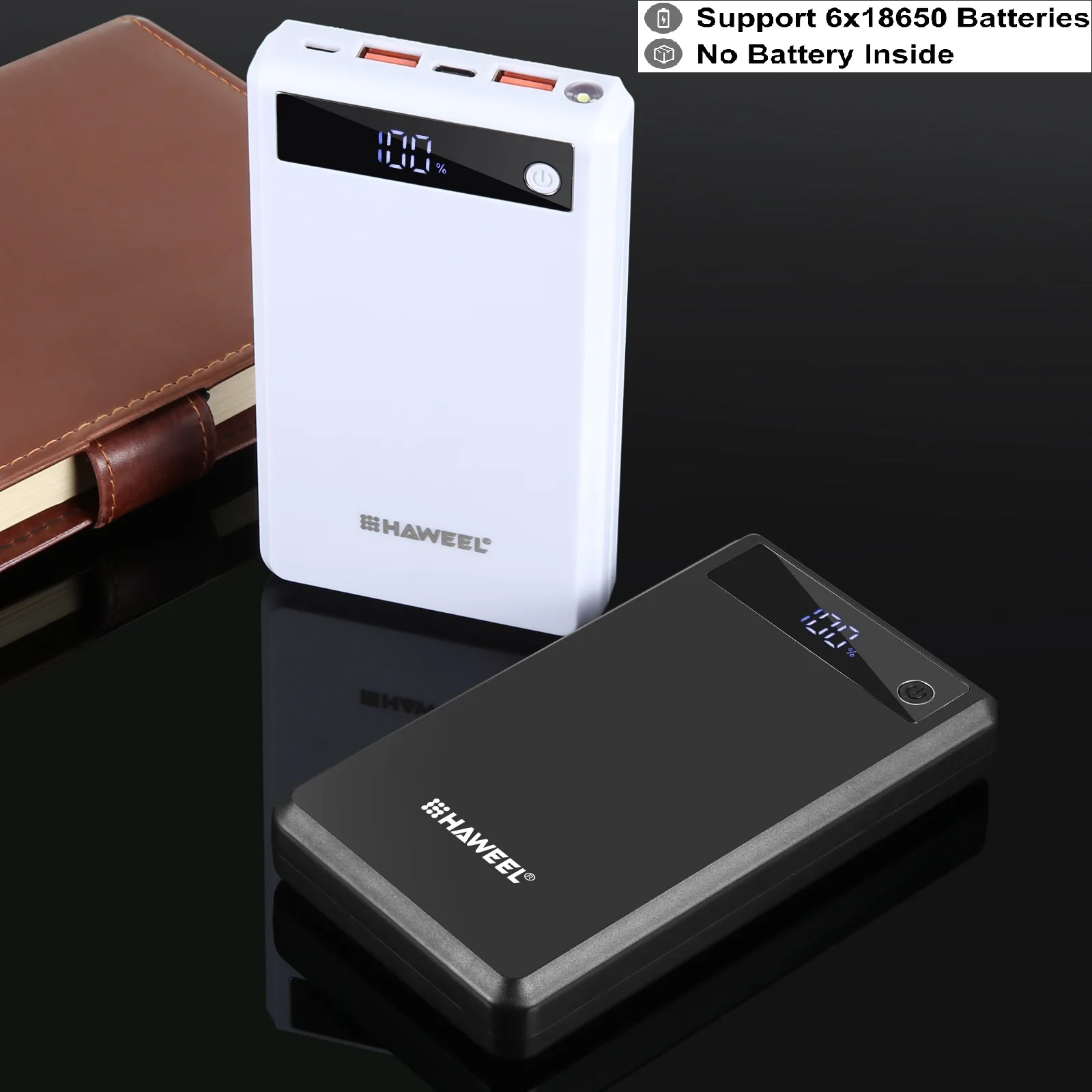 HAWEEL Power Bank Box DIY 6 x 18650 Battery (Not Include Battery) 24W Fast Charge Display Screen Power Bank Outer Case