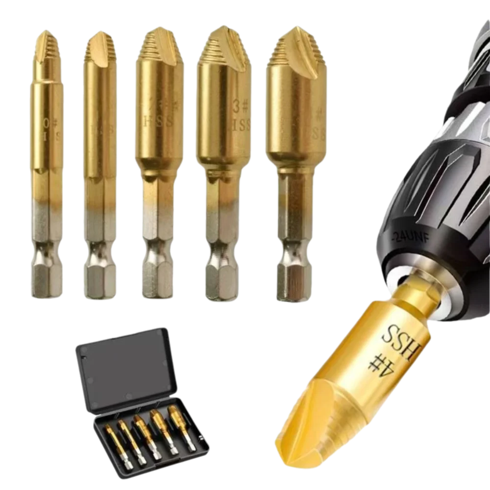 

Набор экстракторов для винтов с титановым покрытием, шестигранный хвостовик, закаленная сталь, универсальный инструмент для легкого извлечения, 5 предметов в комплекте