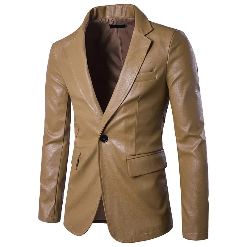 Fashionable pure color wholesale PU leather men's single one-button European size blazers dropshipping dance wedding top coat