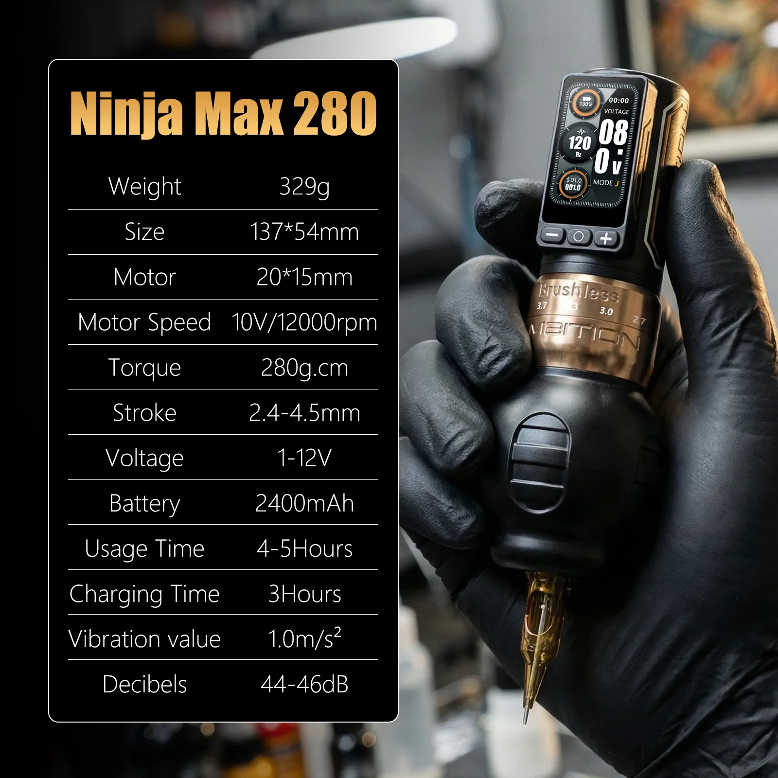 Ambition Ninja Max 280 Wireless Tattoo Machine Pen Full Kit Adjustable Stroke Brushless Motor 20pcs Mixed Needle 10 Inks Set