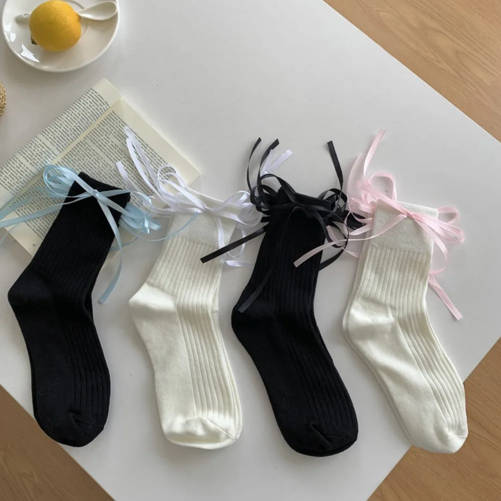 Sweet Little Fresh Stripe Retro Thin Lace Cute Kawaii Socks Lolita Hosiery Balletcore Girls Socks Bow Tie