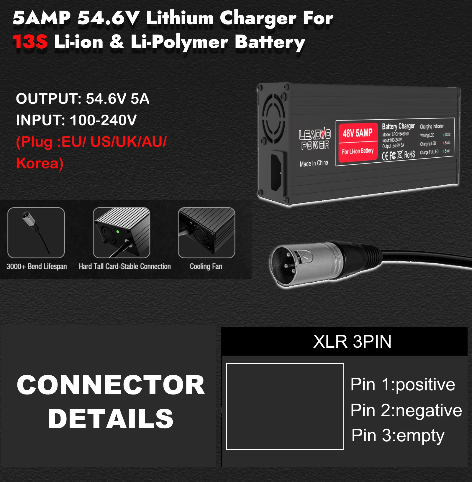 54.6V 5A Battery Charger for 13S Li-ion Hailong Battery Pack 48V Electric Bike Fast Charging Power Supply with XLR 3-Pin Plug