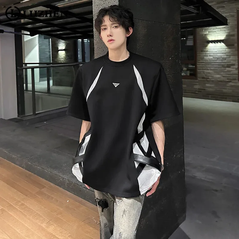 

LUZHEN T-shirts 2025 Summer New Shoulder Pad Short Sleeve Men's Trendy Handsome Korean Loose Casual Tops Hollow Clothes JY3519