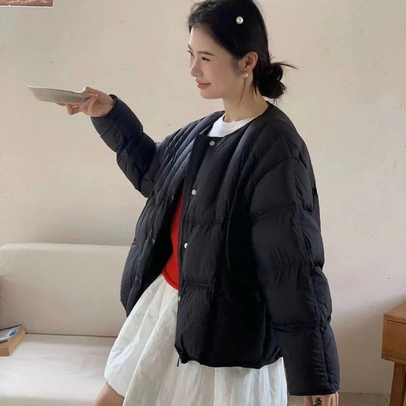 Abrigos de plumón de pato blanco cálido para Mujer, chaqueta acolchada acolchada, abrigo corto grueso y versátil con cuello redondo, tendencia de otoño e invierno