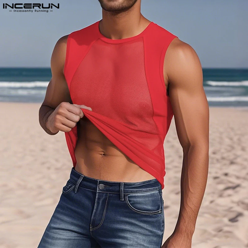 

INCERUN Men Tank Tops Mesh Patchwork See Through Sexy Male Vests Summer O-neck Sleeveless Streetwear 2025 Fashion Men Clothing