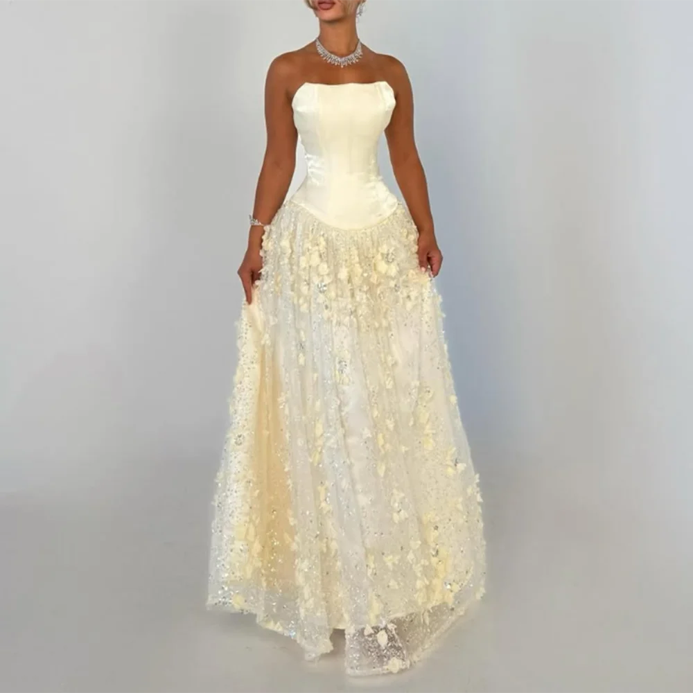 

Customized Strapless Evening Dresses Backless 3D Flowers Lace Appliques Sequin A-Line Prom Gown Draped Long birthday Party Dress