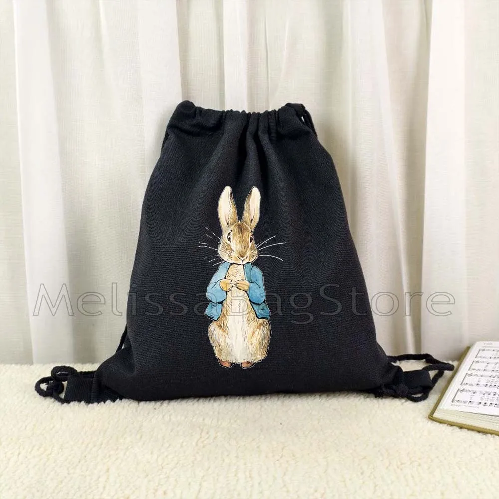 

Cute Kawaii Beatrix Potter Cartoon Peter Rabbit Anime Duck Carrots Animal Manga Cotton Canvas Drawstring Bags Soccer Backpack