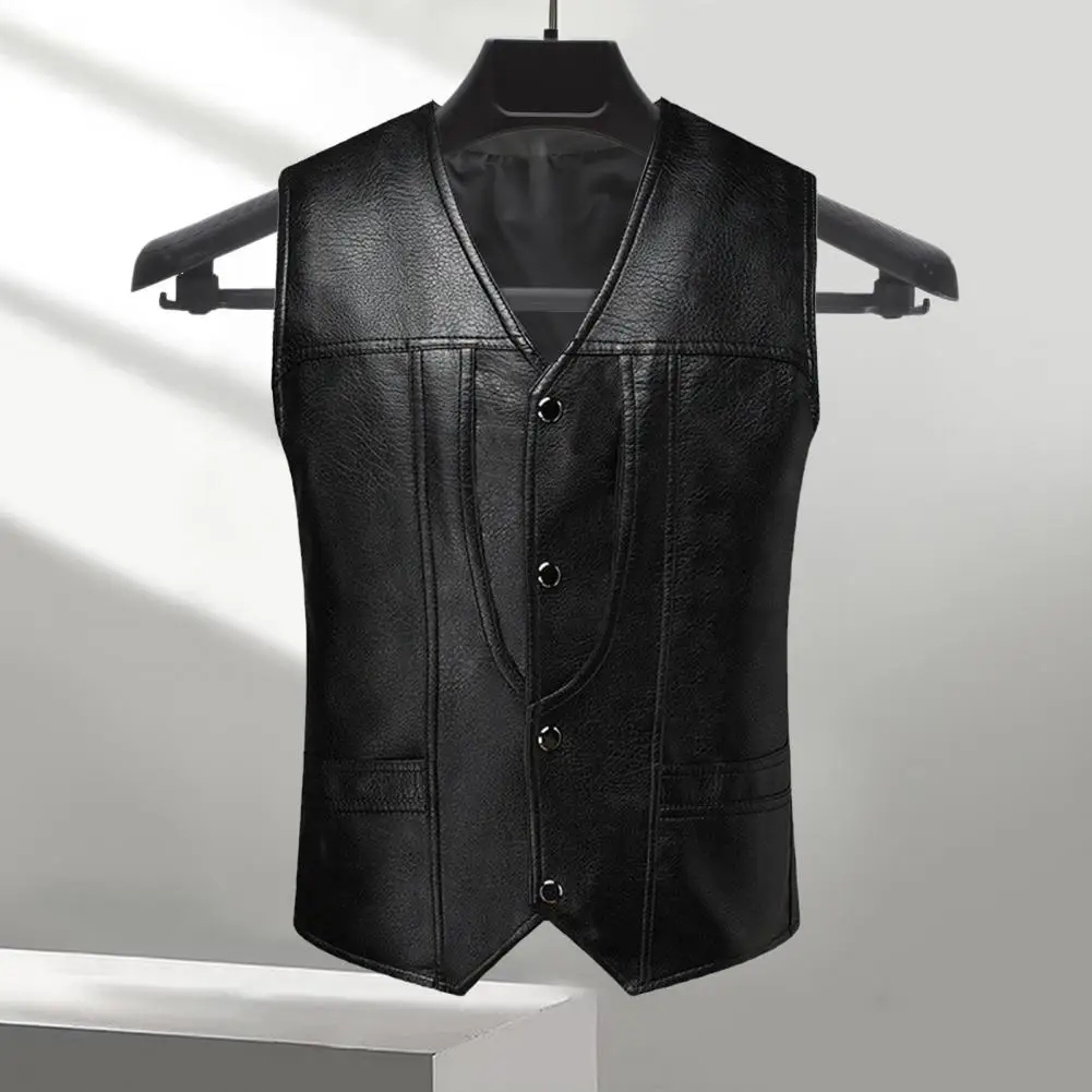 

Men Formal Vest Men's Slim Fit Faux Leather V-neck Waistcoat with Pockets Single Breasted Vest Outwear for Solid Color Style