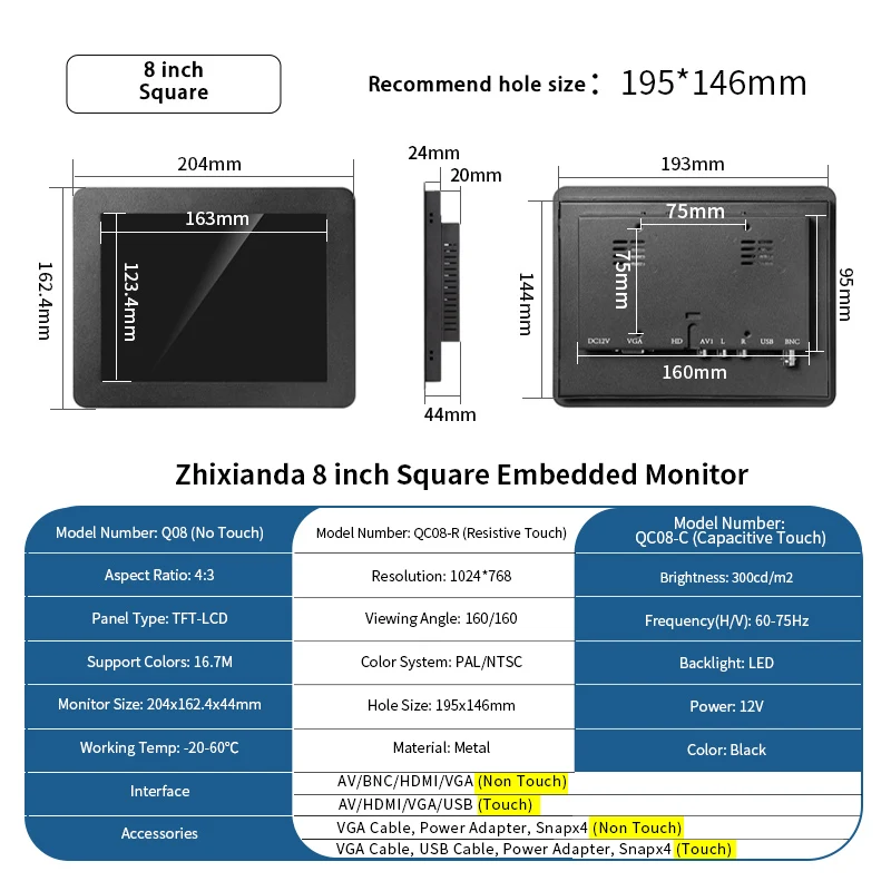 Imagem -05 - Polegada Small Size 1024x768 Square Embedded Industrial Touch Monitor com Hdmi Vga Interface para Automação Industrial 8