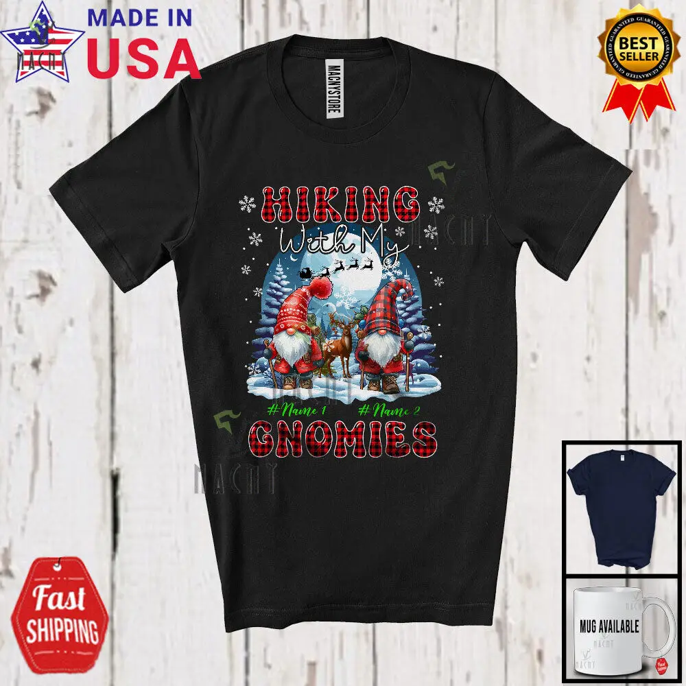 

Hiking With My Gnomies; Lovely Christmas Plaid Custom Name Couple Gnomes Shirt