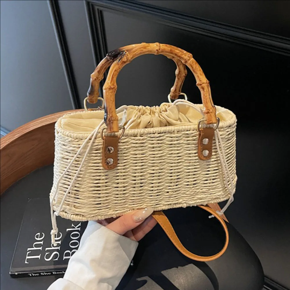 

Simple Woven Women Crossbody Bag Large Capacity Straw Basket Bag Fashion Bucket Bags Casual Vacation Shoulder Bags For Ladies
