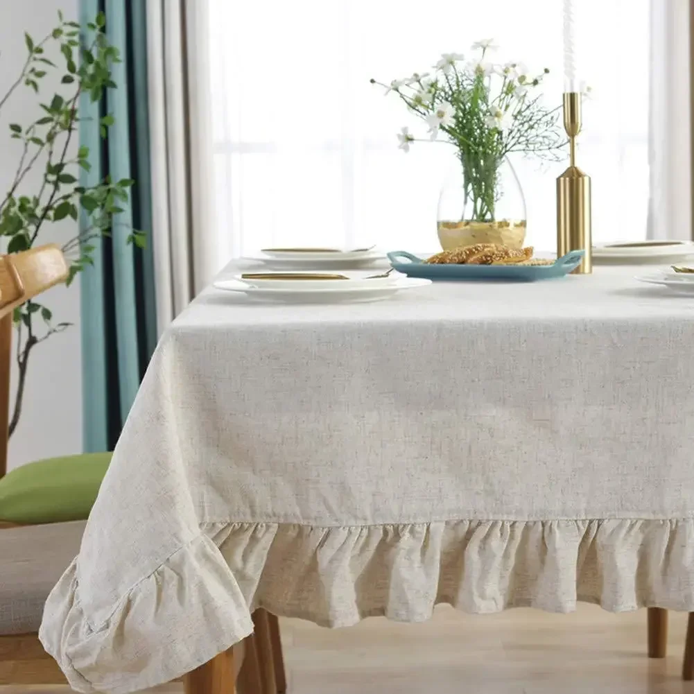 Table Cover Ruffled Tablecloth Cotton Linen Fabric Solid Color Rectangular Kitchen Party Wedding Decor Natural Dirt Resistant