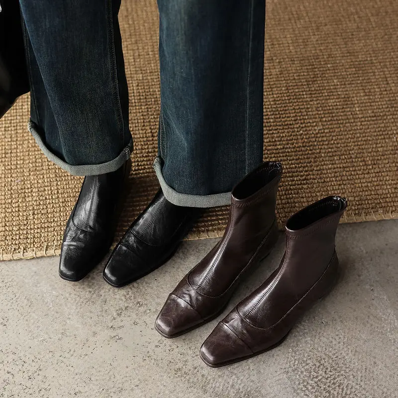 2026 new autumn winter women ankle boots 22-25cm sheepskin+microfiber+pigskin/plush square toe back zip women stretch boots