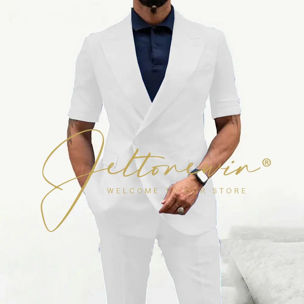 Casual Men's Suits Double Breasted Short Sleeve Male Clothing Wedding Prom Groom Formal Summer Beach Jacket Pants 2 Piece