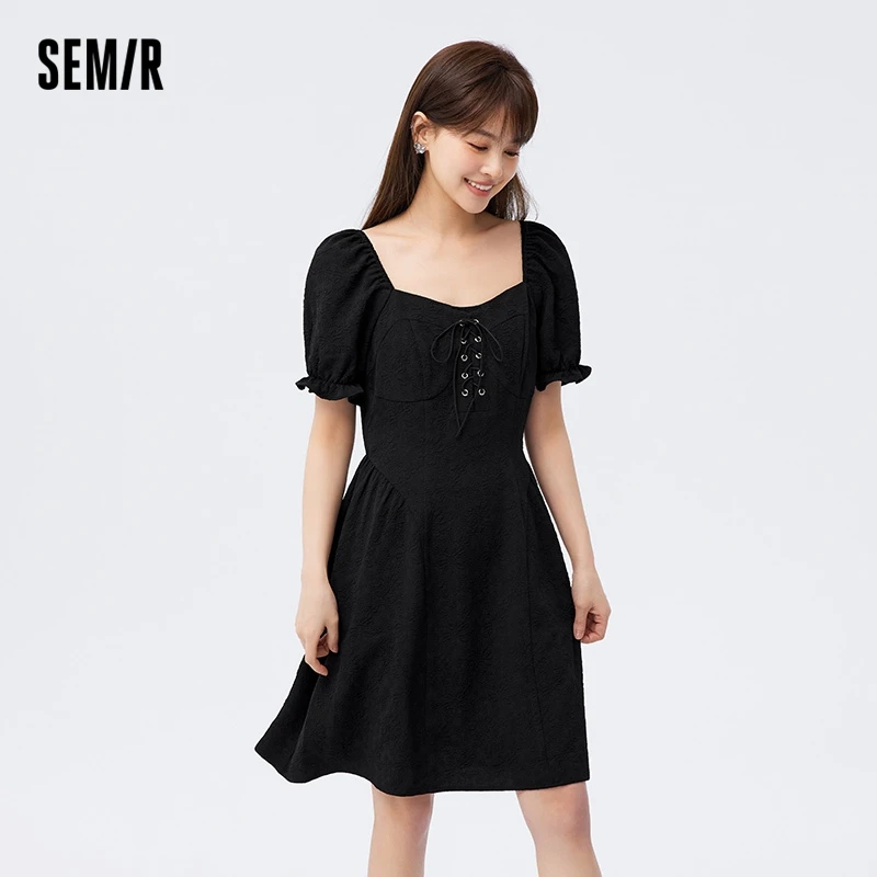 Semir Dress Women Bubble Sleeves Romantic Summer 2024 New Style Strap Square Neck Short Dress Sweet And Cool