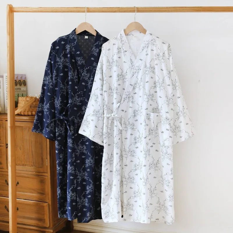 2026 Japanese New Spring/Summer Men's Sleeping Robe 100% Cotton Gauze Kimono Robe Sweat Steam Sauna Bathing Robe Home Woman