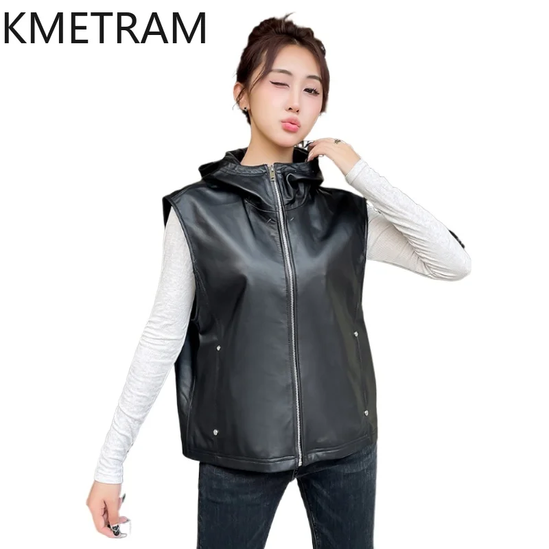 100% Top Layer Sheepskin Waistcoat Woman Casual Sleeveless Real Leather Jacket with Hood Fall Clothes 2025 Women veste femme