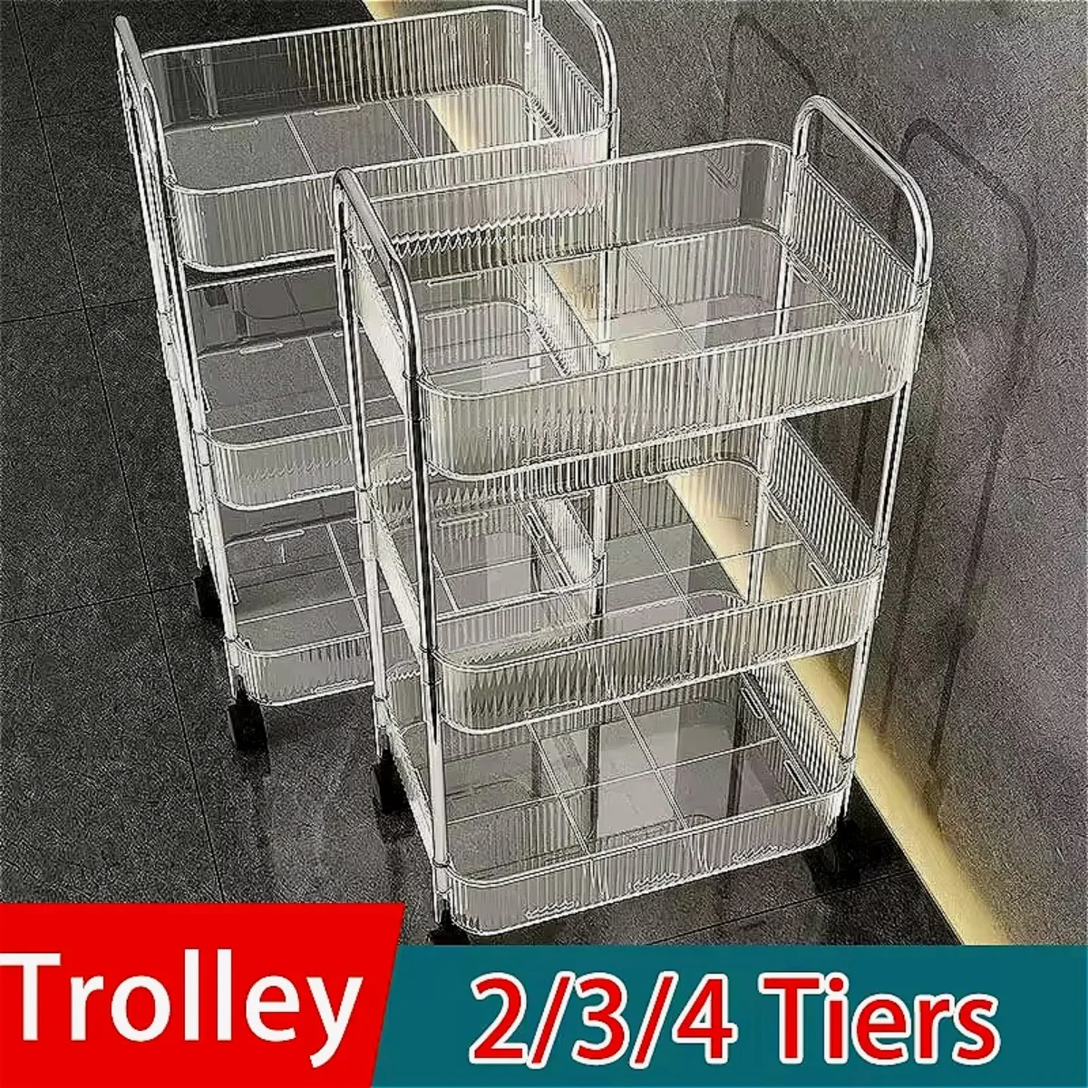 Storage Rack Trolley Multi Storey Transparent Acrylic Rolling Cart with Hanging Baskets Snack Book Storage Shelf Home Organizer