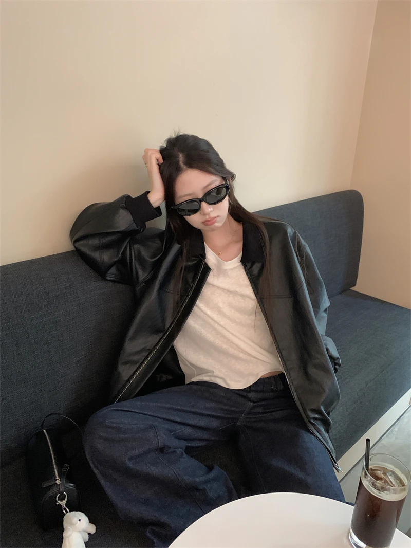 Casual Loose Women's Jaet Bla Collar Patchwork Early Autumn Leather Coat Outerwear Faionable American Sle ort Coat