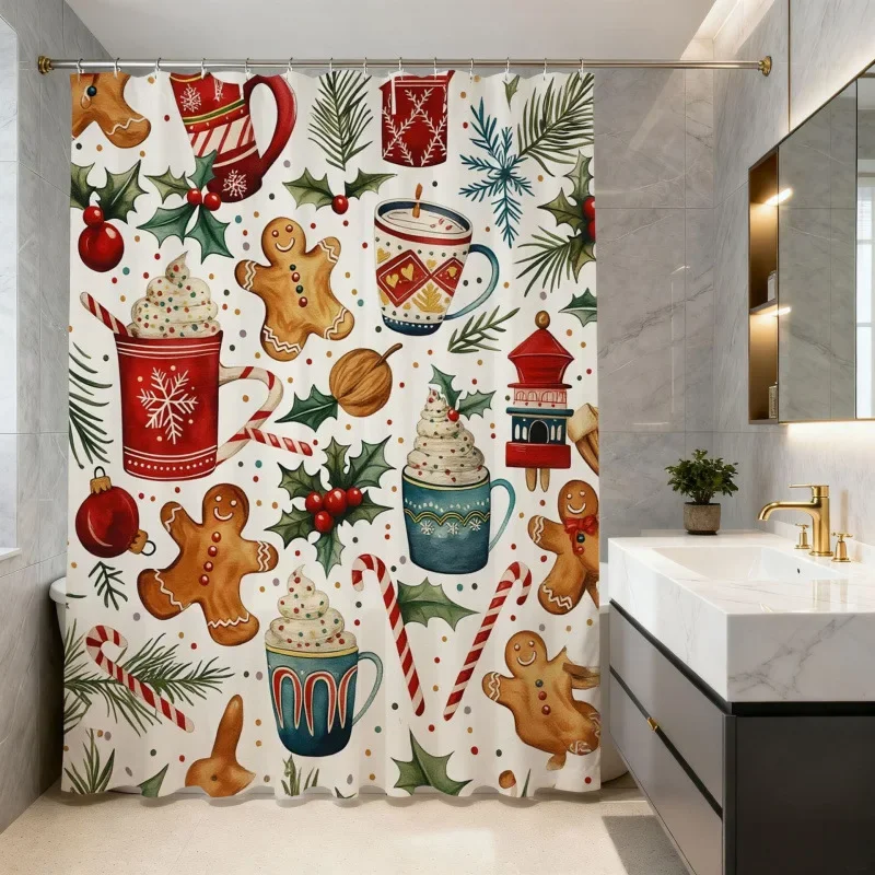 Christmas Shower Curtain Snowman Gingerbread Man Santa Xmas Tree Reindeer Waterproof Bath Curtain Holiday Decor w Hook