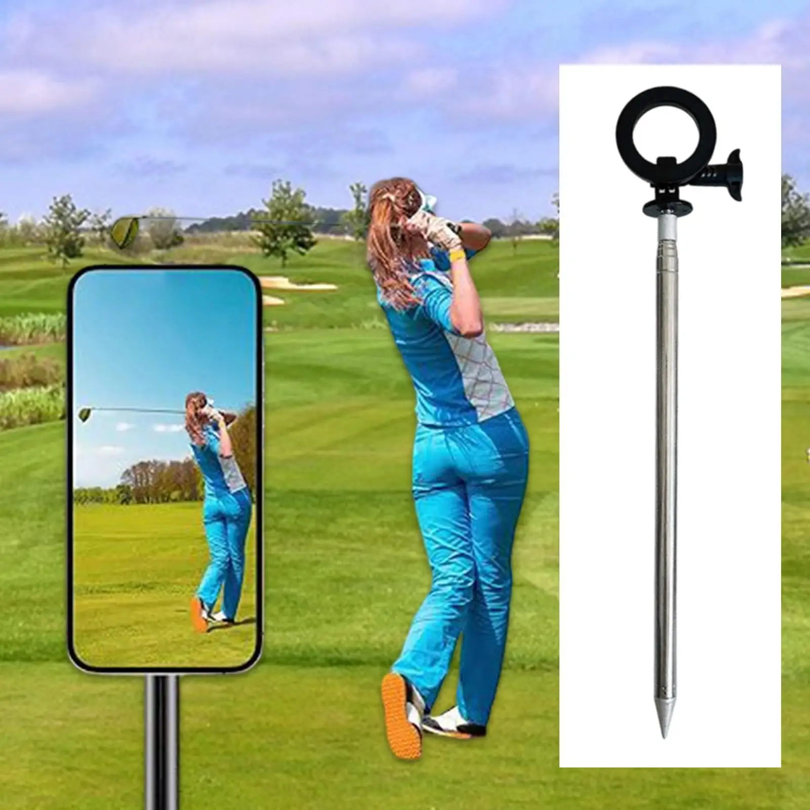 Golf Monopod with Ground Stake Adjustable Height Flexible Head Rack Smartphone Mount for Training Aid Outdoor Garden Course Yard