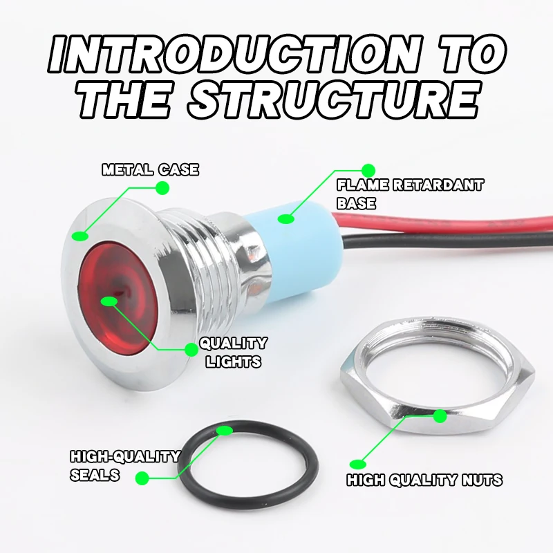 ضوء مؤشر معدني LED عالي السطوع 12 مم مع سلك - جهد متعدد (5 فولت/24 فولت/220 فولت) و5 ألوان (أحمر/أخضر/أصفر/أزرق/أبيض)