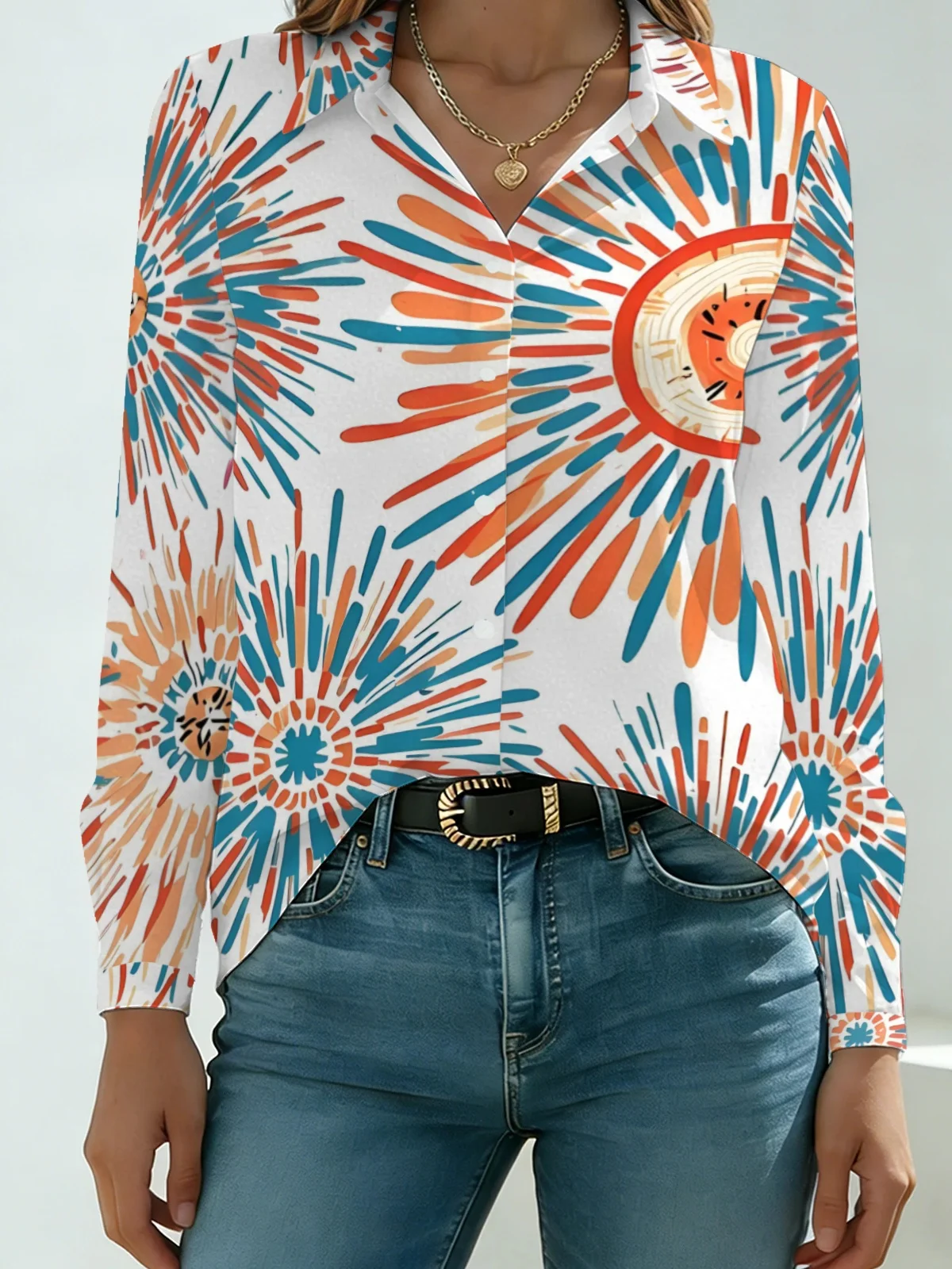 Fresh Summer Firework Burst Womens Collared Shirt White Base Orange Teal Sun Radial Allover Print Long Sleeve Street Dating Camp