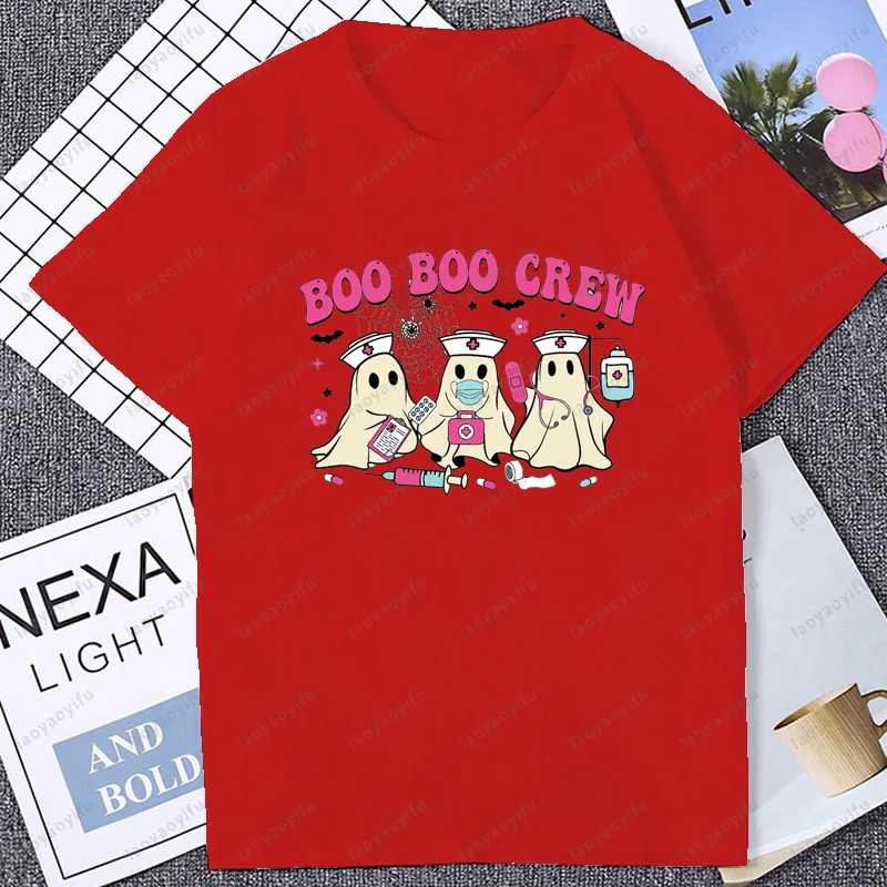 Halloween Nurse Kawaii Boo Boo Ghost Graphic Printed Retro Women T-shirt Casual Fashion Loose Harajuku Hip Hop Man T Shirt