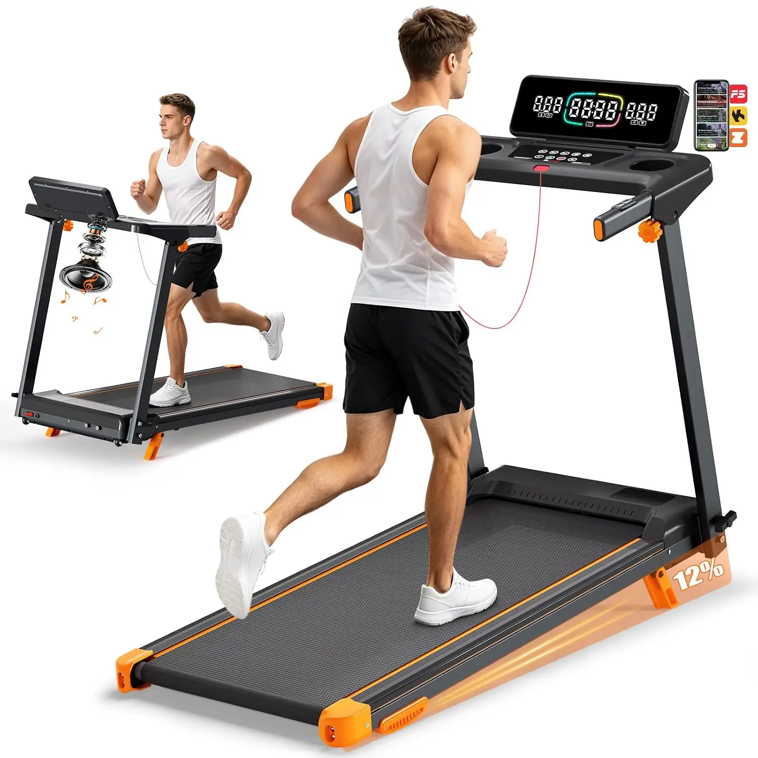 Foldable Treadmill 12% Incline 12 HIIT Modes APP Speaker Heart Rate 7.45MPH 3 in 1 Pad 3HP Motor 300 LBS LED Display, Customized