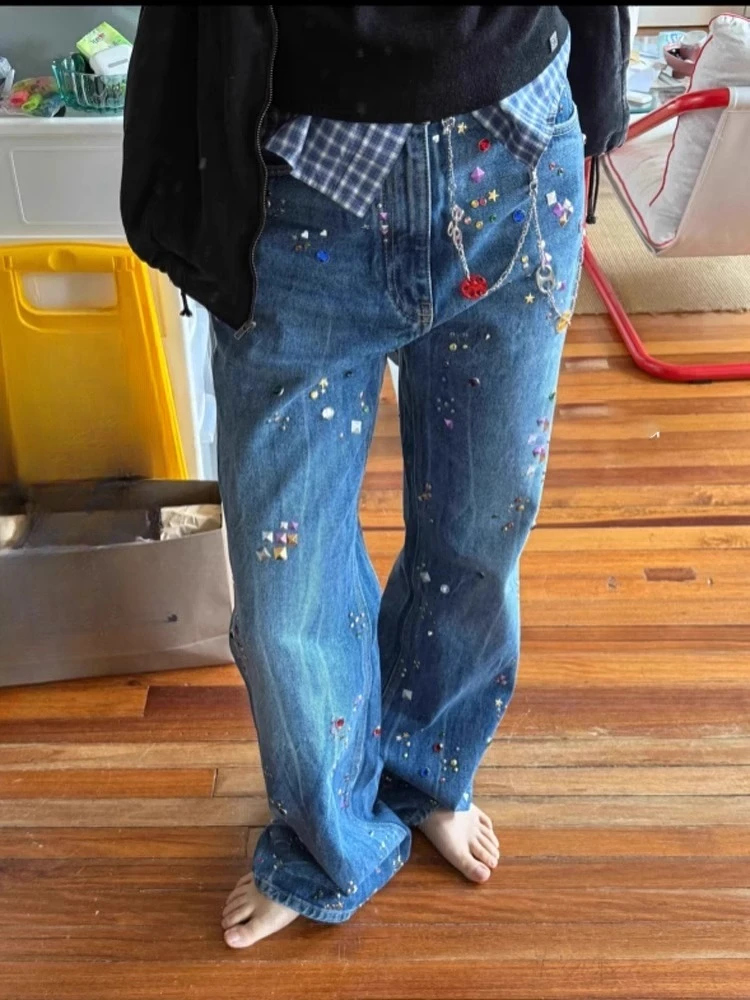 Women's 2025 Fashion Colored Beads Hot Diamond Chain Decorative Denim Trousers Trendy Straight Jeans Feminine Nice Denim Pants