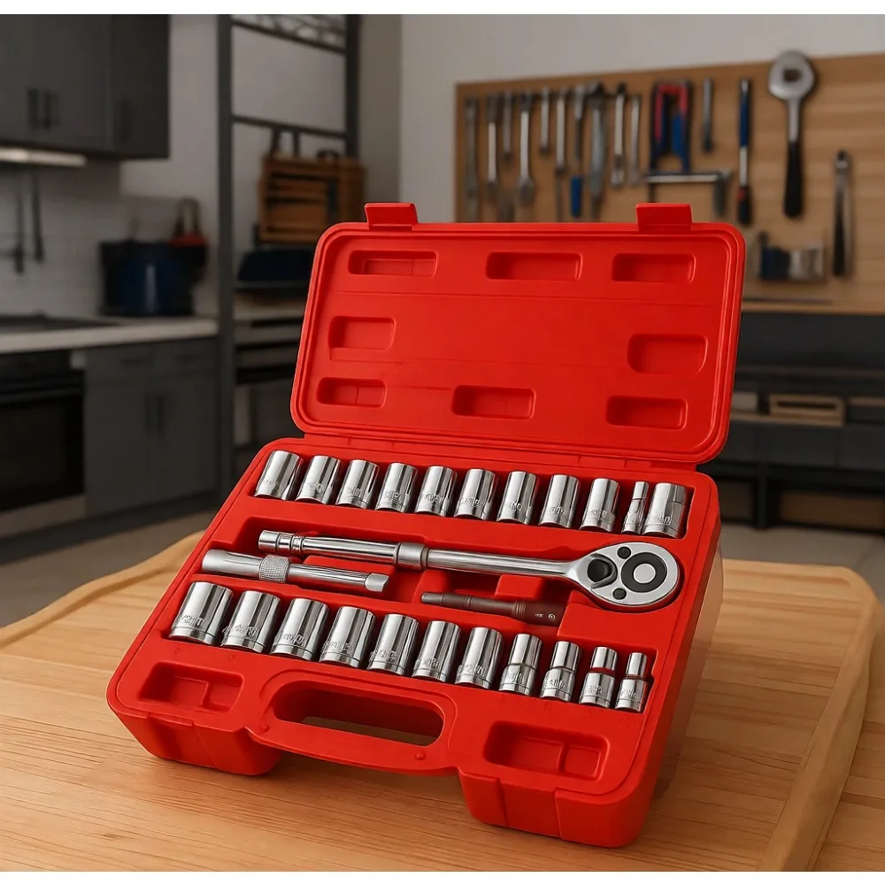 

Набор торцевых ключей из 23 предметов с приводом 1/2 дюйма (SAE и метрические) с трещоткой, удлинителями и адаптером для дрели