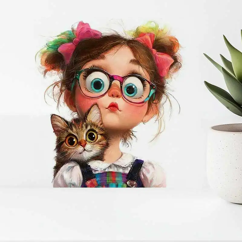 Cute Little Girl And Cat Wall Stickers Children's Room Art Decal for Living Room Sofa Background Decoration AA298