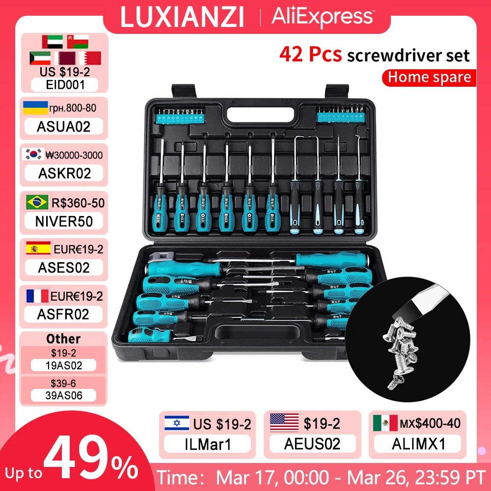 LUXIANZI 42Pcs Screwdriver Hand Tool Set with Plastic Toolbox Precision Magnetic Bits Phillips Soltted Piercing screwdrivers Kit