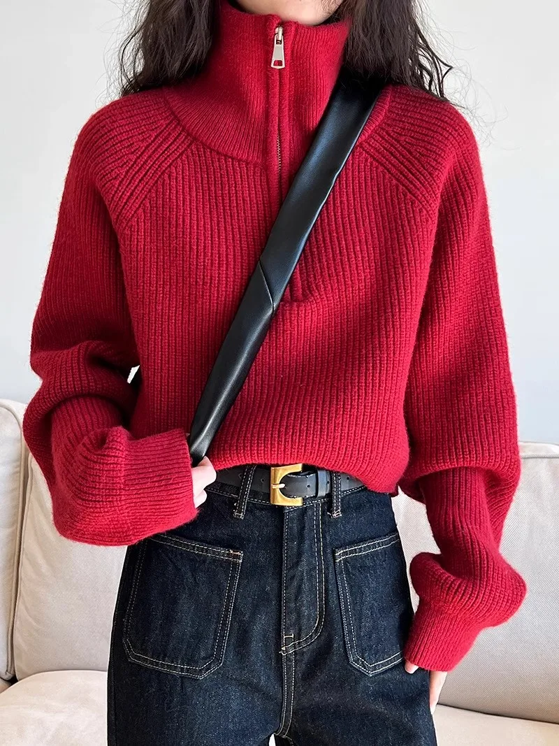 Autumn New Design Half High Collar Zipper Red Knitted Sweater Women\'s Short High Waist Sweater Loose Style