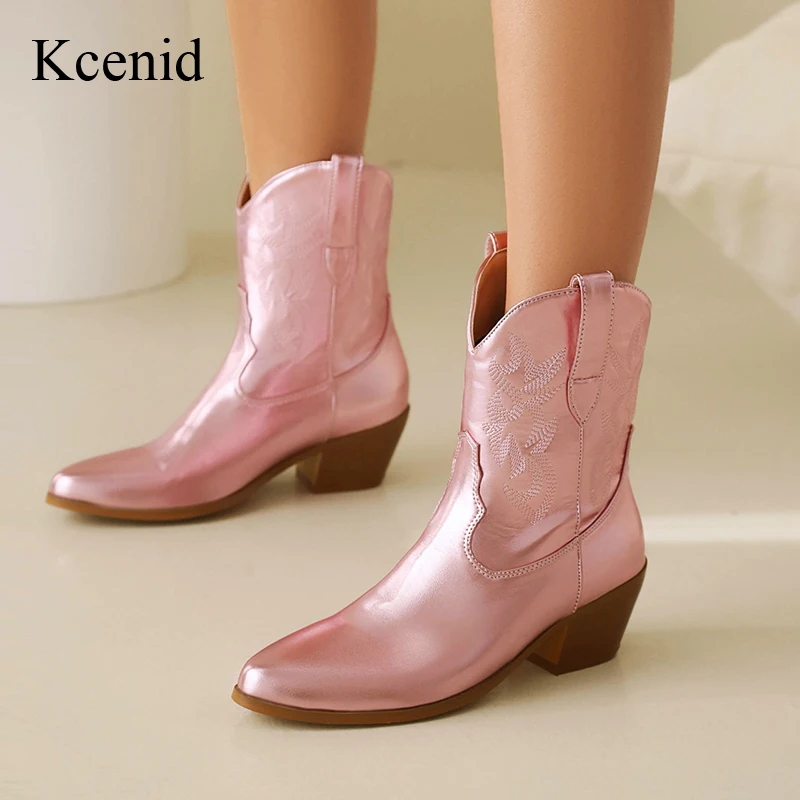 

Kcenid Retro Western Ankle Boots For Women 2024 Fashion Embroidered Pointed Toe Chunky Heel Winter Short Boots Plus Size 35-50