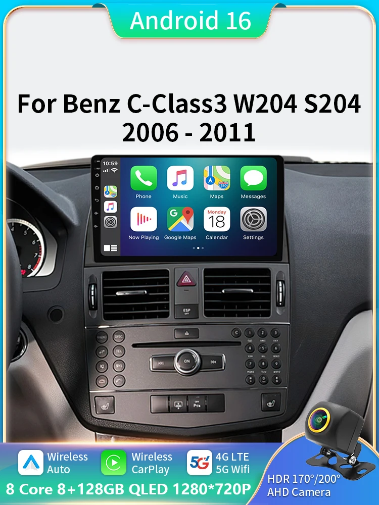 9 "Android 16 Carplay Auto Voor Mercedes Benz C Klasse 3 W204 S204 2006 2007 2008 2009 - 2011 multimedia Stereo Speler GPS WIFI 5G - afbeelding 2