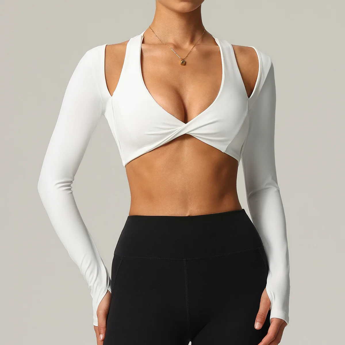 Women Casual Twist Front Long Sleeve T-Shirts Crop Tops Two Sports Tops With Chest Cushions Fitness Running Speed Drying T-shirt